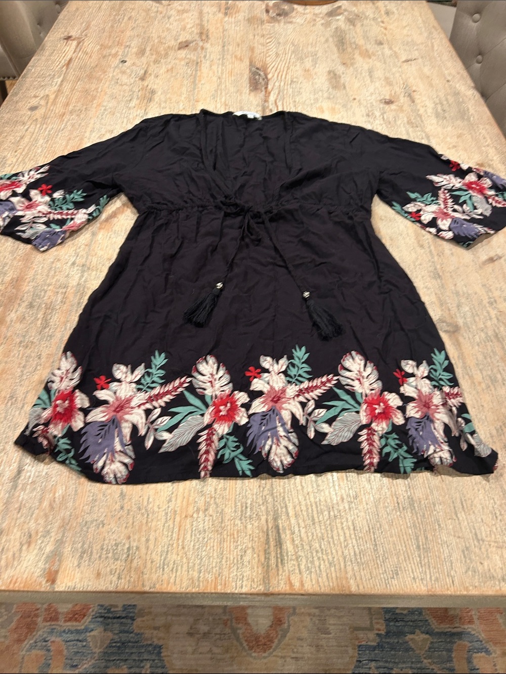 blue island Black Floral Swim Coverup with Tassel Drawstring